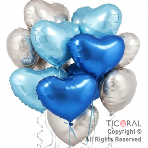 SET DE GLOBOS METALIZADOS CORAZON COMBINADOS AZUL CELESTE PLATA x 10 UNIDADES